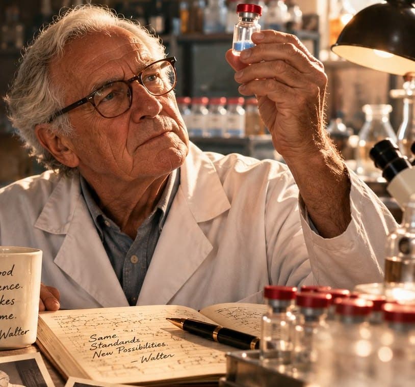Walter in his lab coat, holding a small vial up to the warm lamp light
